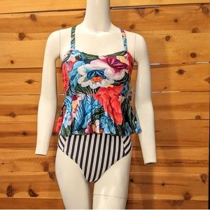 Floral and striped 2 piece tankini swimsuit